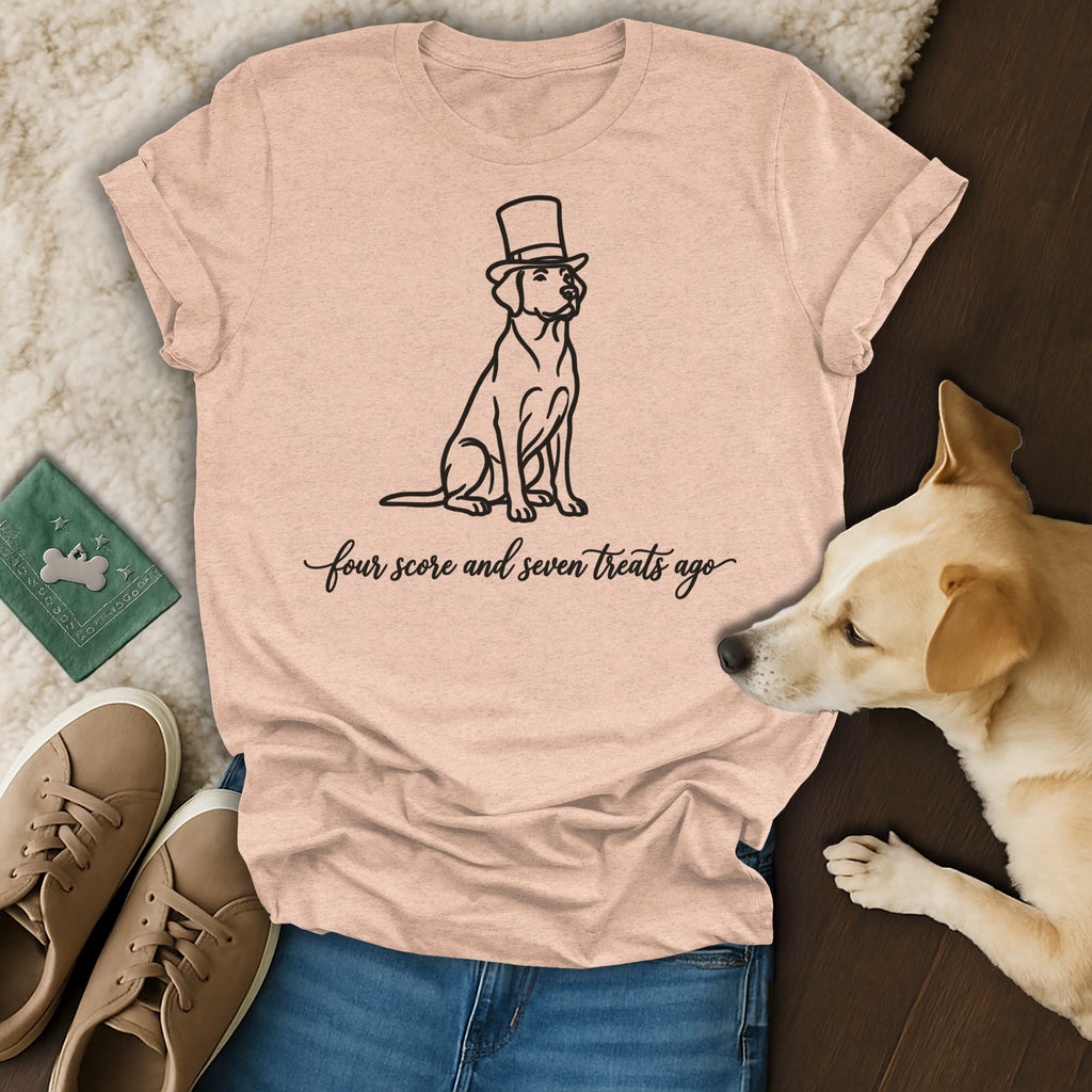 Labrador in top hat with text "four score and seven treats ago".