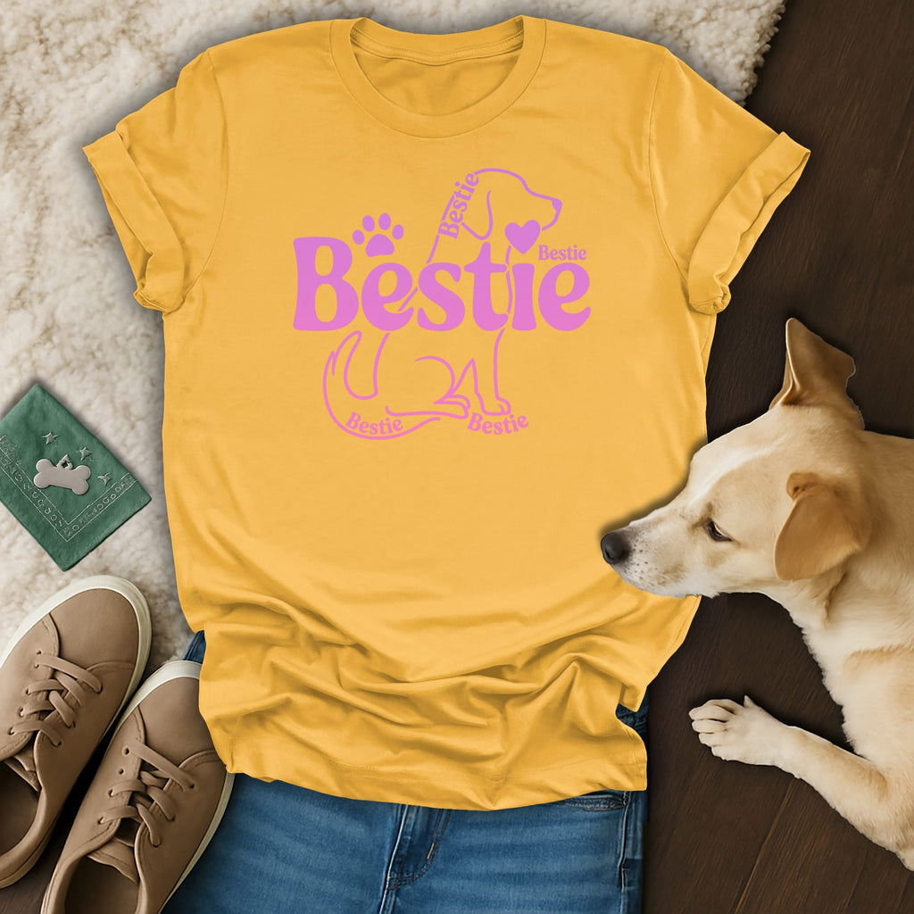 Yellow t-shirt with "Bestie" and dog outline in pink.