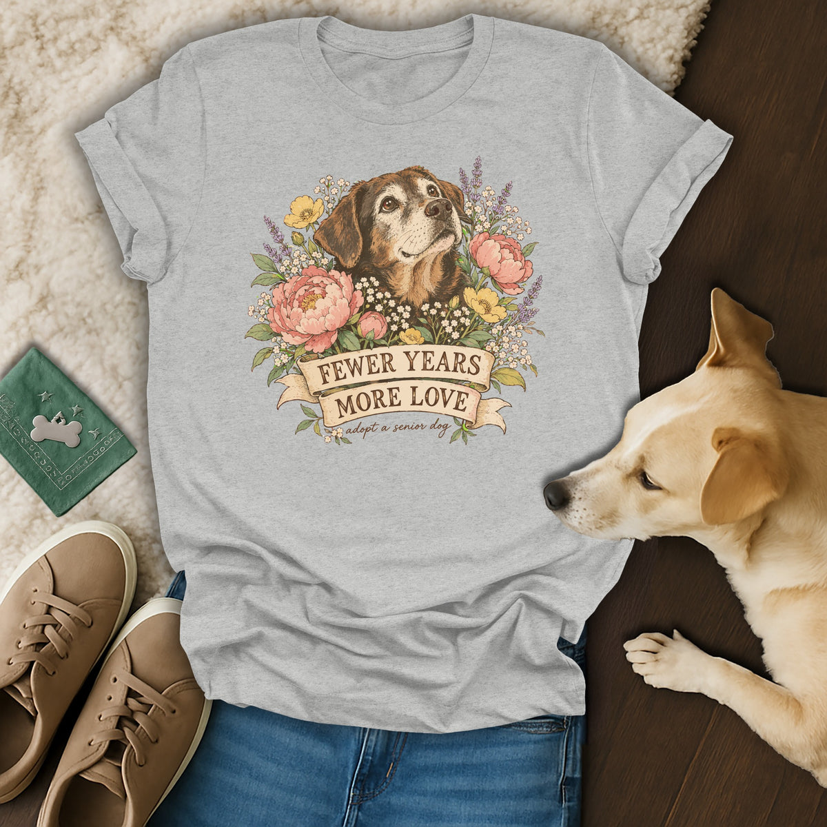 Heather gray t-shirt with a vintage illustration of a senior dog and flowers, reading Fewer Years More Love.