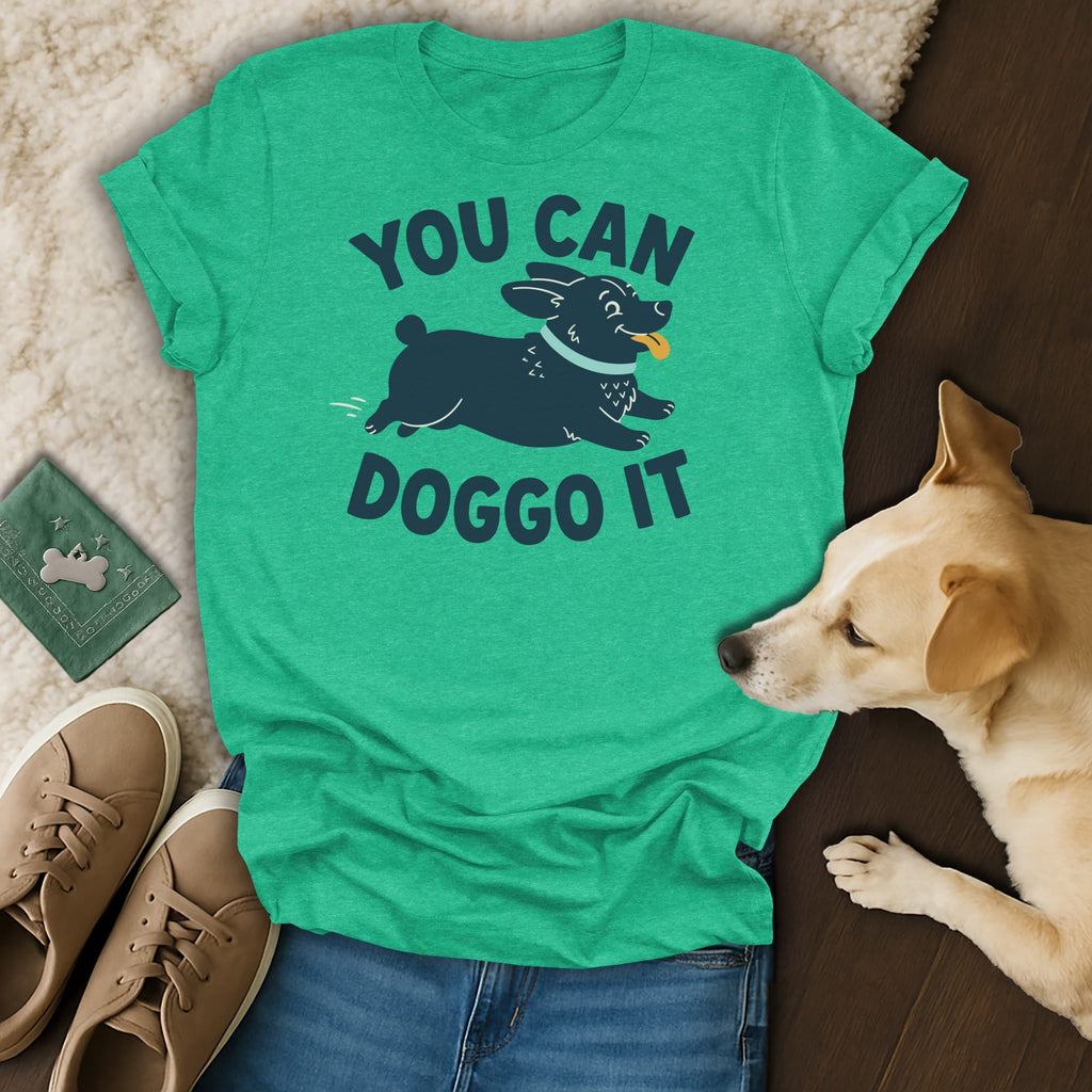Green t-shirt with "You Can Doggo It" text and a dark blue dog illustration.