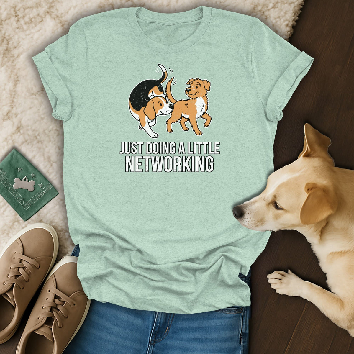 T-shirt with cartoon dogs and text "JUST DOING A LITTLE NETWORKING"