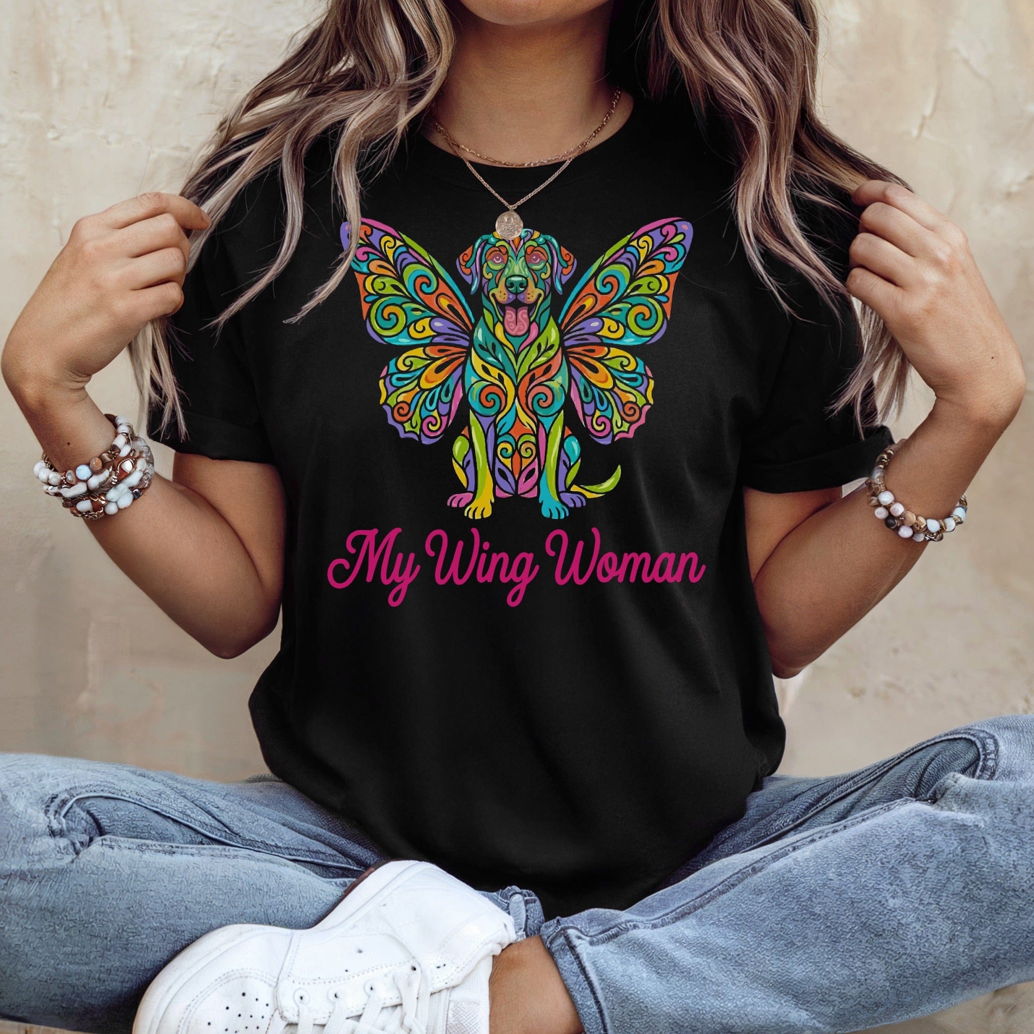 Vibrant Labrador Butterfly Wings My Wing Woman product type
Dog, Butterfly, Colorful, Vibrant, Labrador, Pet, Animal, Friend, Wing Woman, Women, Apparel, Graphic Tee, Unique Design, Artistic, Rainbow Colors, Cute Dog, Dog Lover Gift, Statement Piece, Creature Design, Pop Art Style