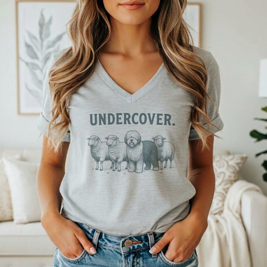 Grey t-shirt graphic of three sheep and one dog with the text "UNDERCOVER."