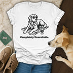 Golden retriever wearing sunglasses relaxes on a beach towel with a drink.