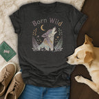 Dark gray t-shirt with a stylized wolf howling at a moon, surrounded by ferns.