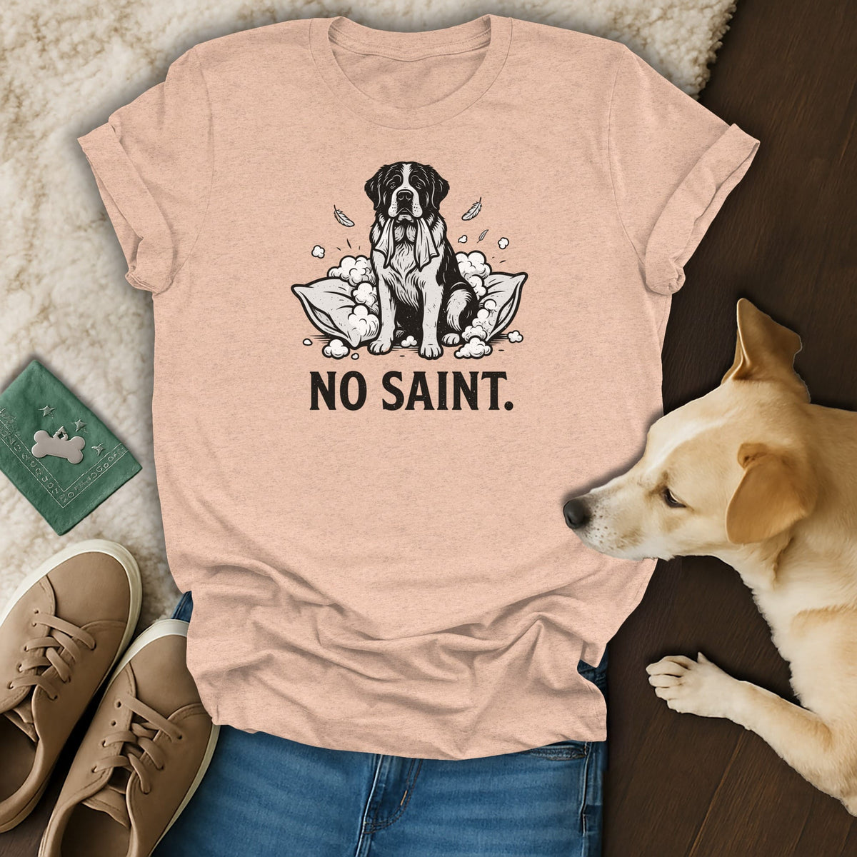 T-shirt with black and white dog graphic and text "NO SAINT."