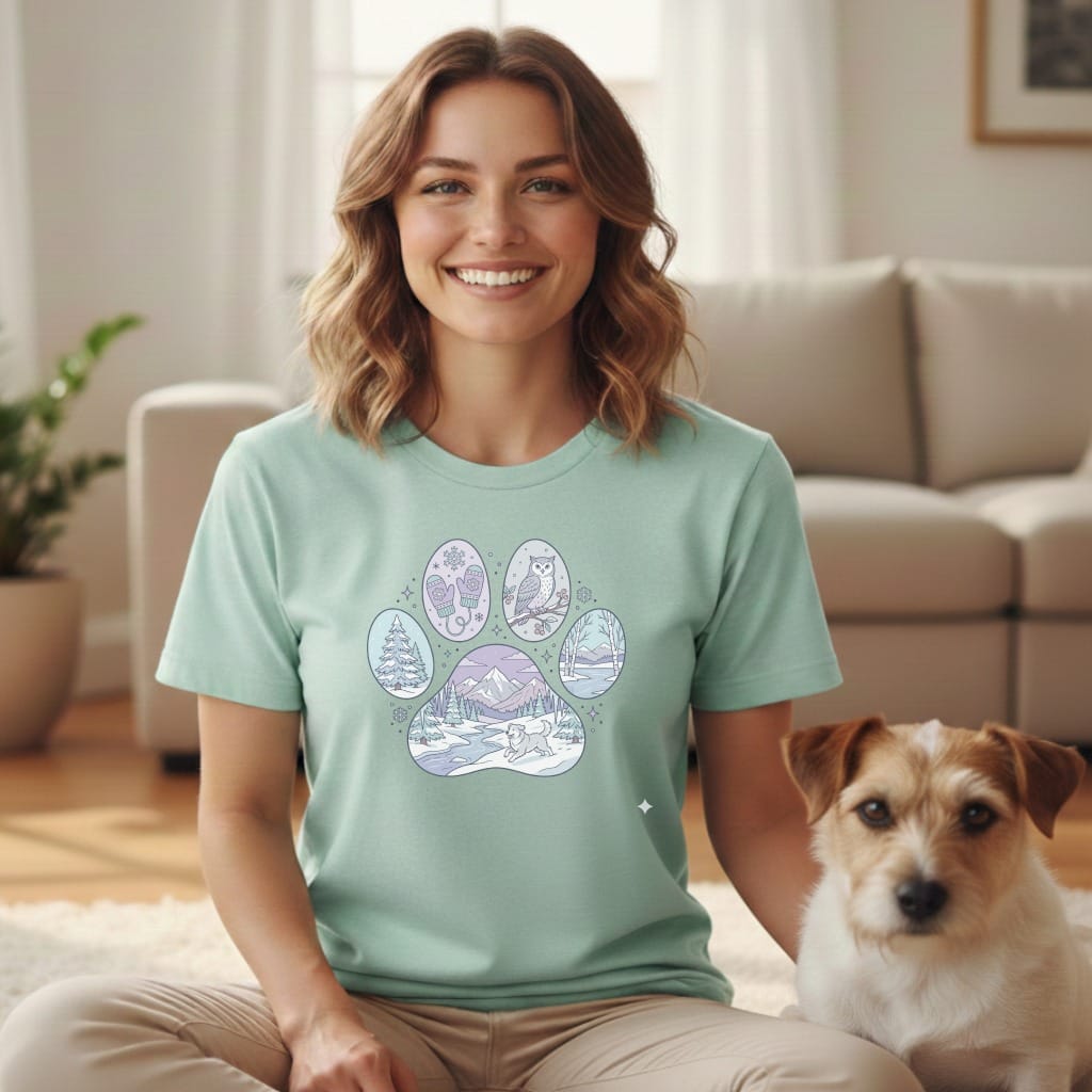 Woman in mint t-shirt with paw print featuring winter scenes and dog.