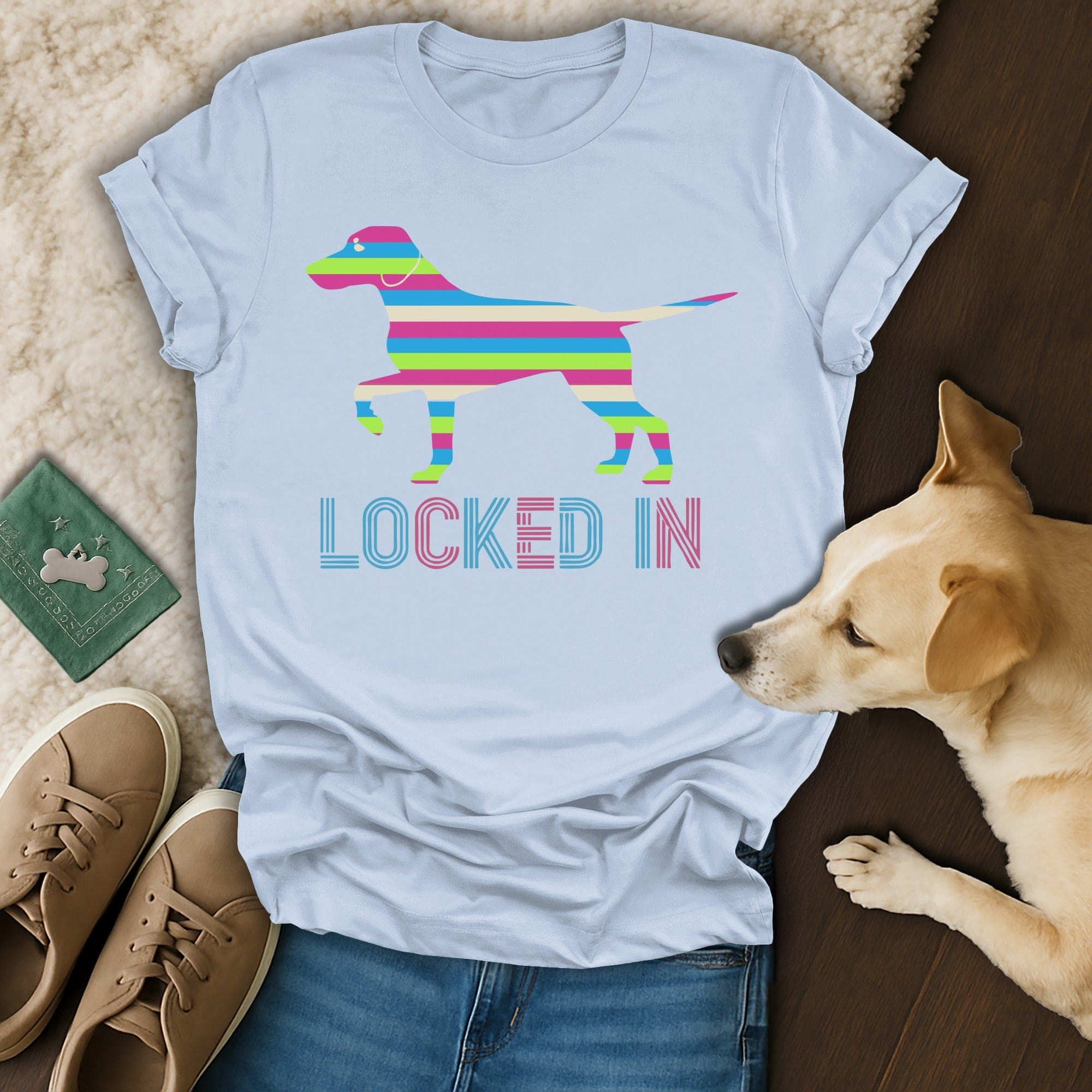 Locked In Colorful Striped Dog Graphic T-Shirt