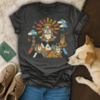 Bulldog and corgis meditating with sun and butterflies design on t-shirt.