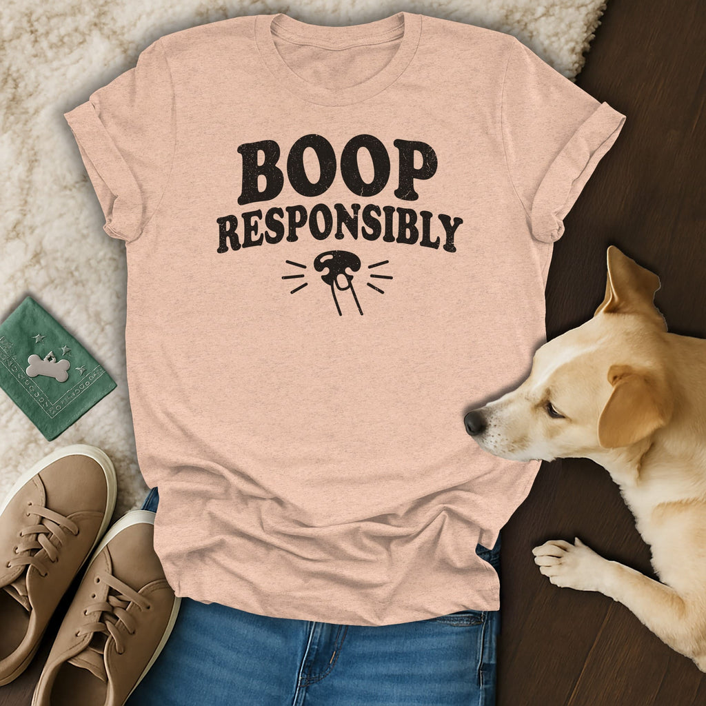 Peach t-shirt with "BOOP RESPONSIBLY" text and dog graphic.