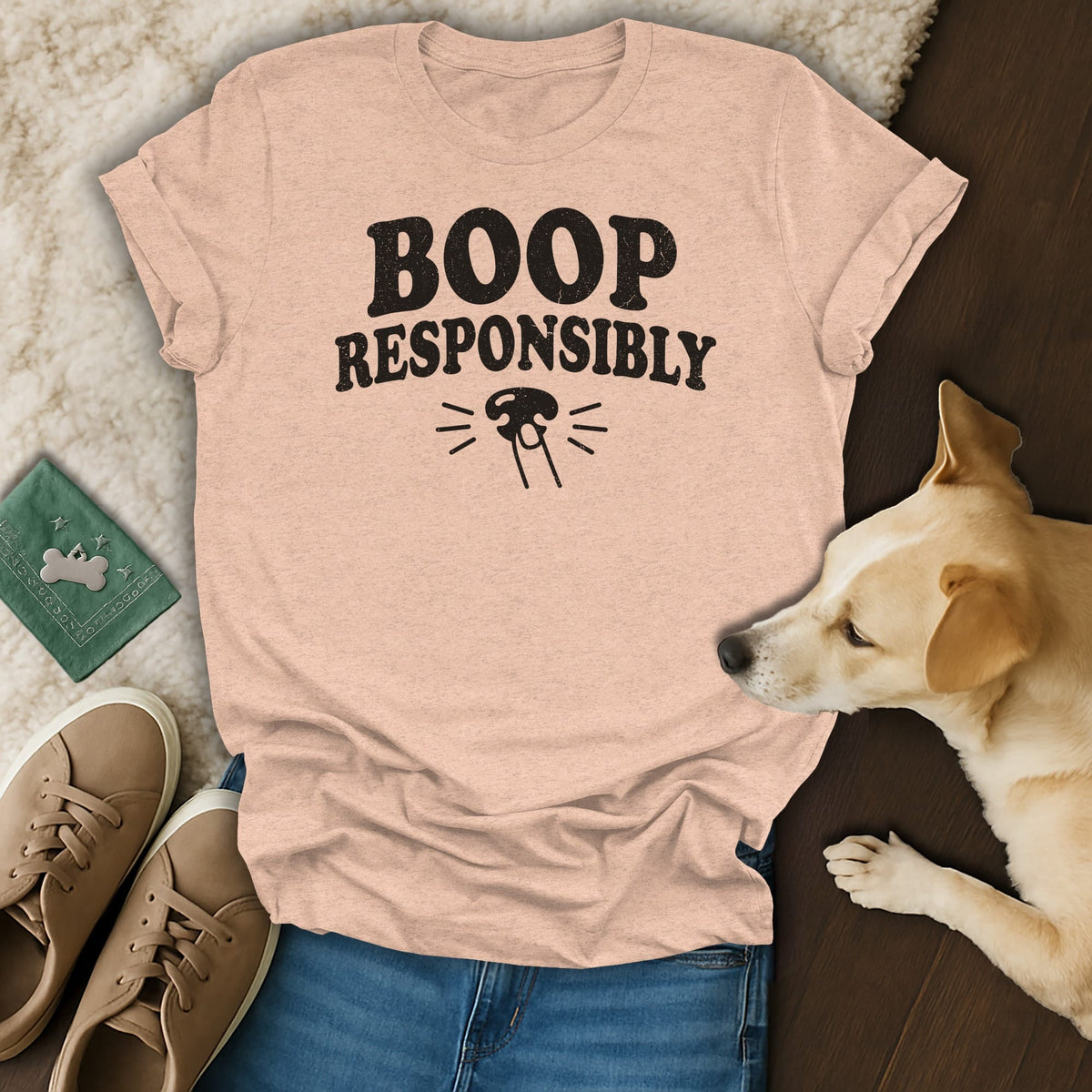Peach t-shirt with "BOOP RESPONSIBLY" text and dog graphic.