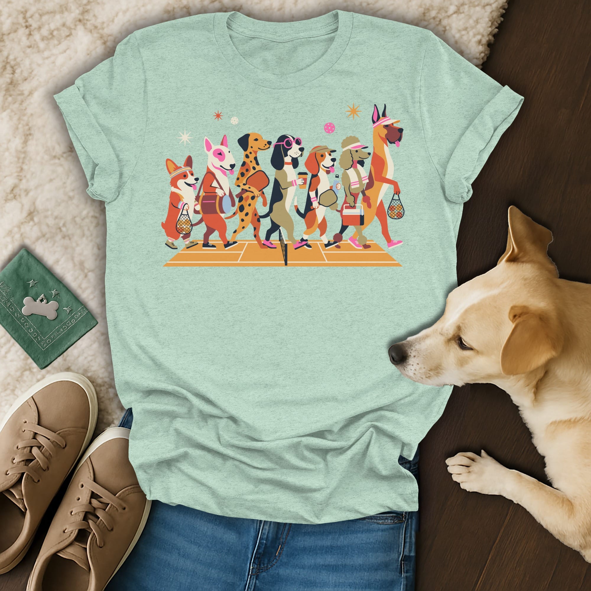 T-shirt graphic featuring a line of cartoon dogs dressed for a tennis match.