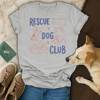 Grey t-shirt with "Rescue Dog Club" text and cartoon dogs, "adopt don't shop".