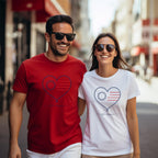 Couple in matching red and white shirts with American flag heart design.