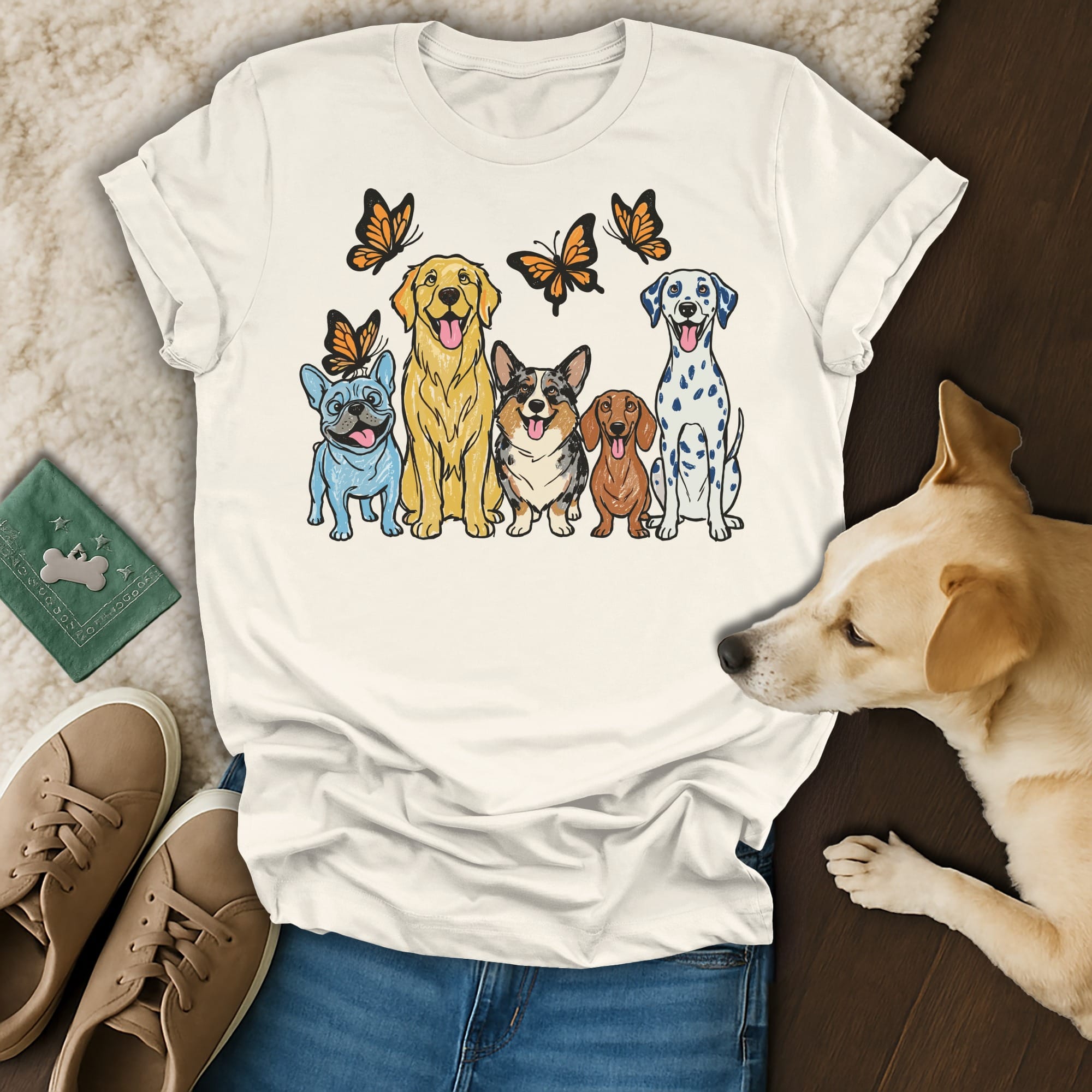 Five dogs and butterflies on a white t-shirt.