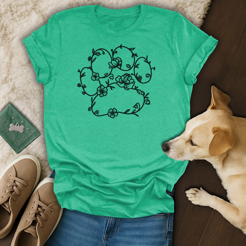 Green t-shirt with a black floral paw print design.