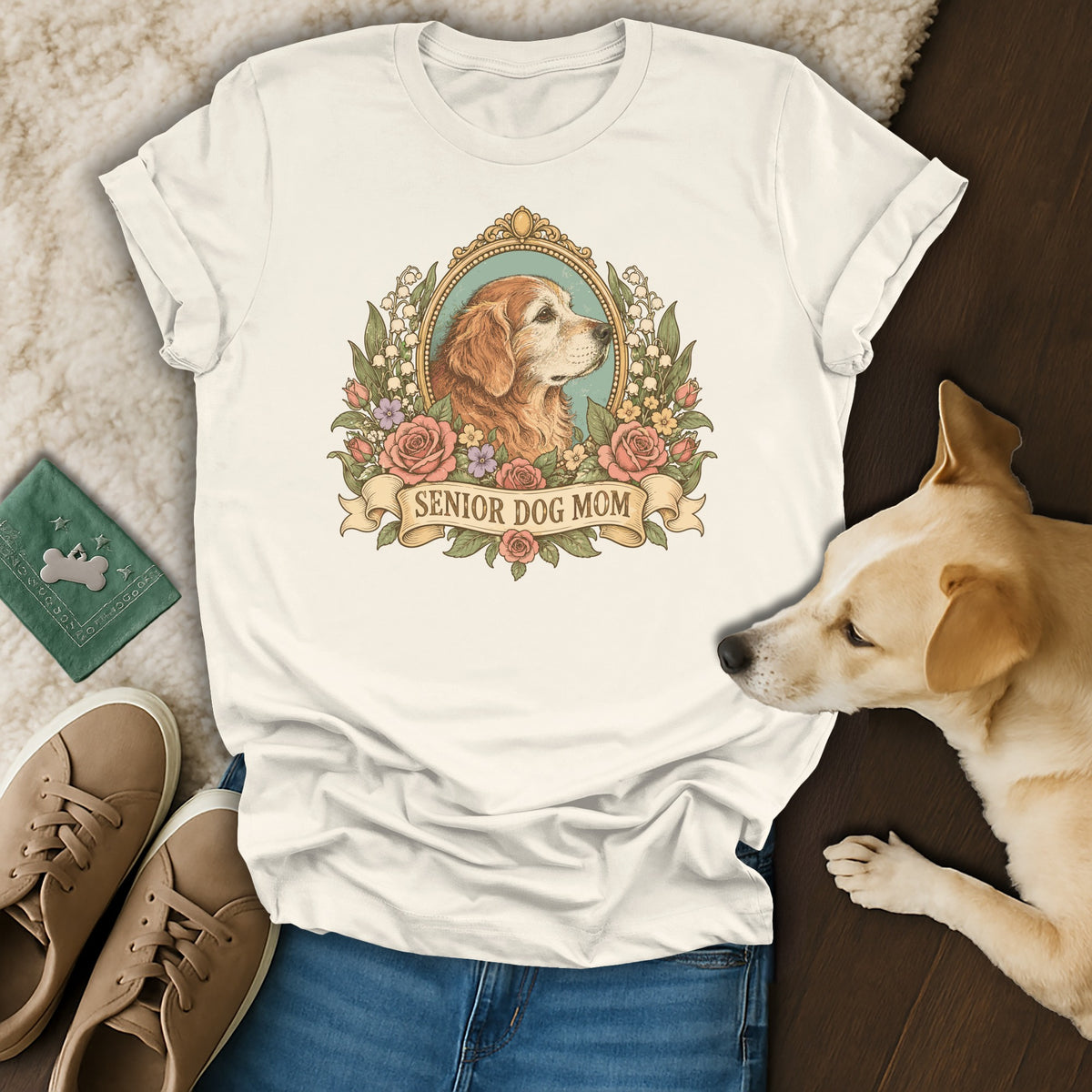 White t-shirt with a vintage dog illustration and text reading Senior Dog Mom, laid flat with a live dog.