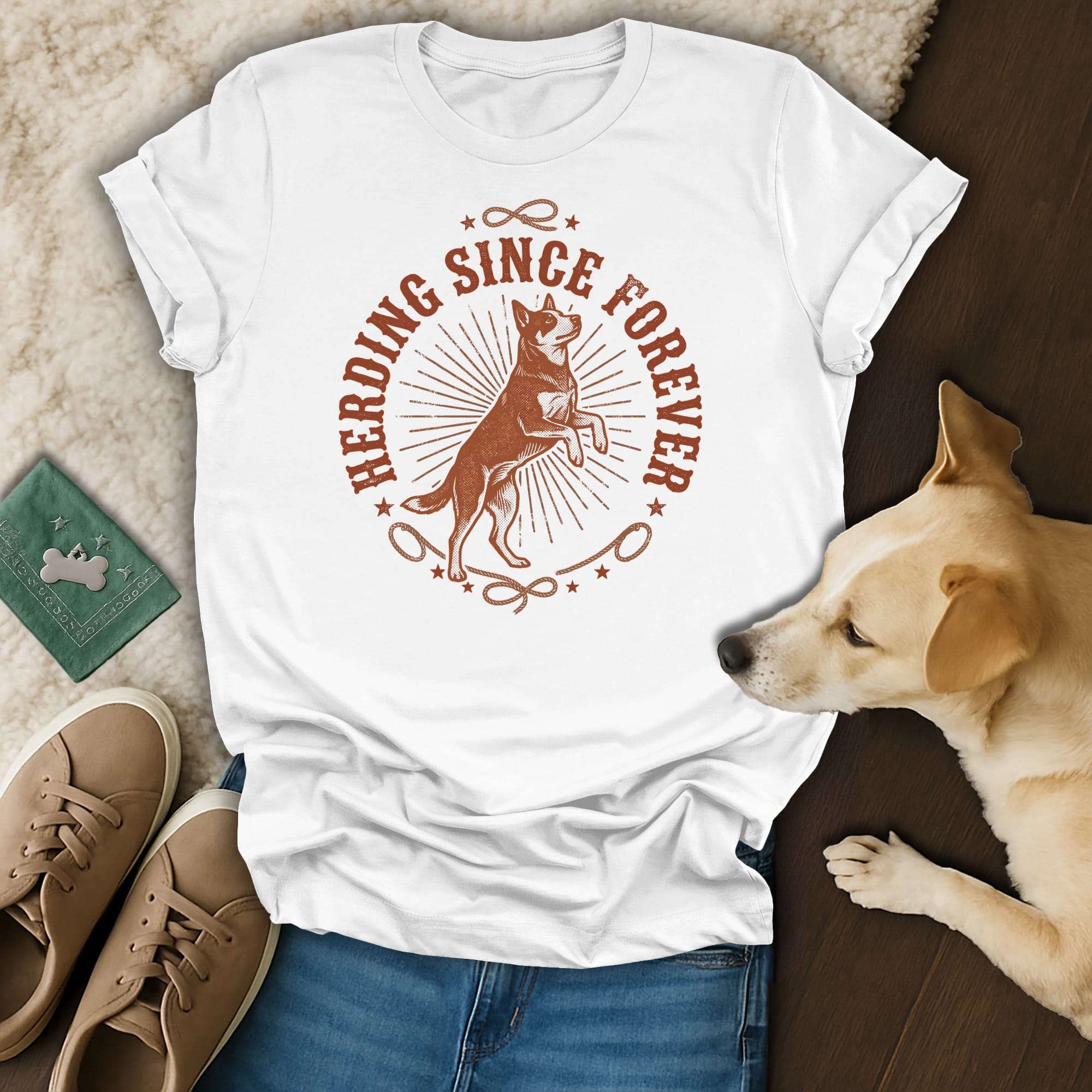 White t-shirt with "Herding Since Forever" graphic featuring a dog.