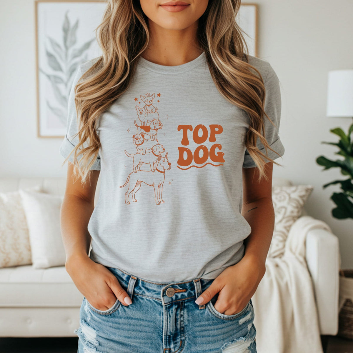 Grey t-shirt with stacked dogs illustration and "TOP DOG" text.