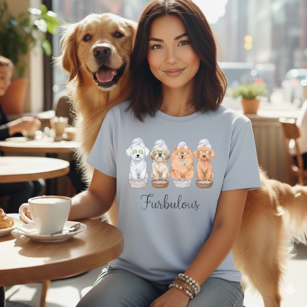 Woman and golden retriever with four dogs wearing spa towels on a t-shirt.