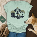 T-shirt with illustrated dog faces wearing beanies.