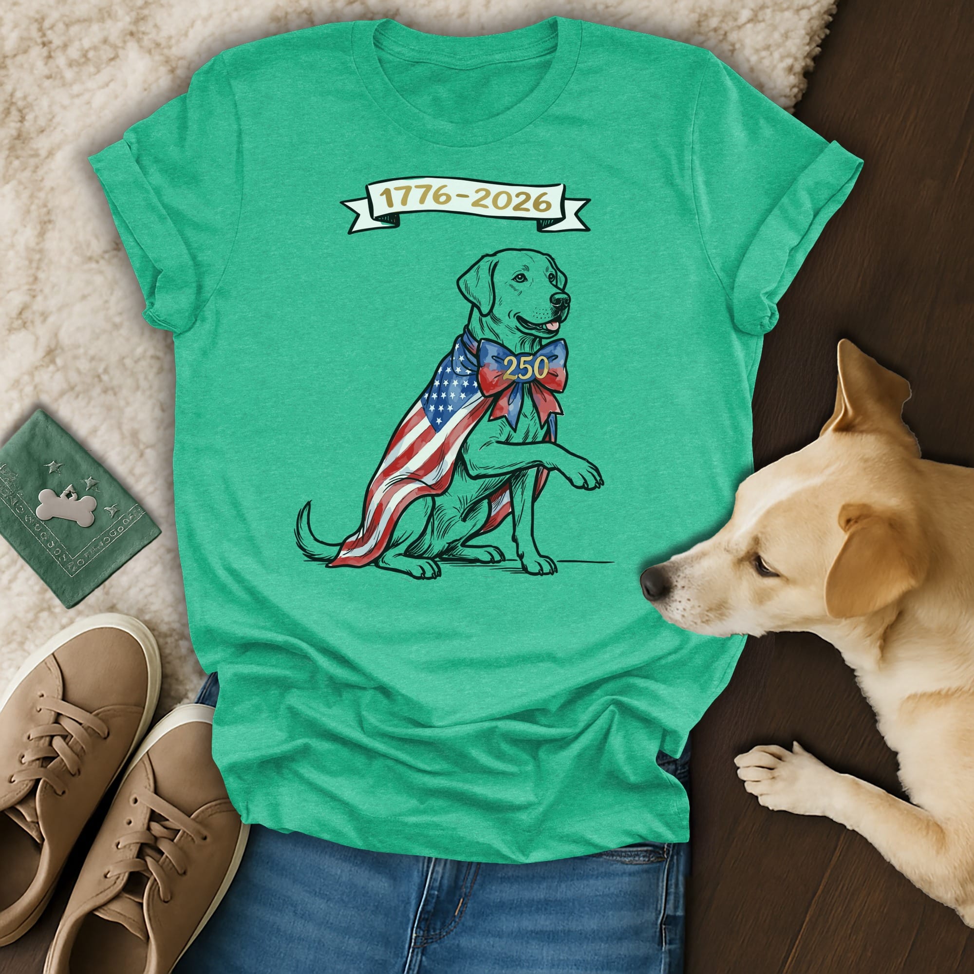 Green t-shirt with patriotic dog graphic and "1776-2026 250" text.