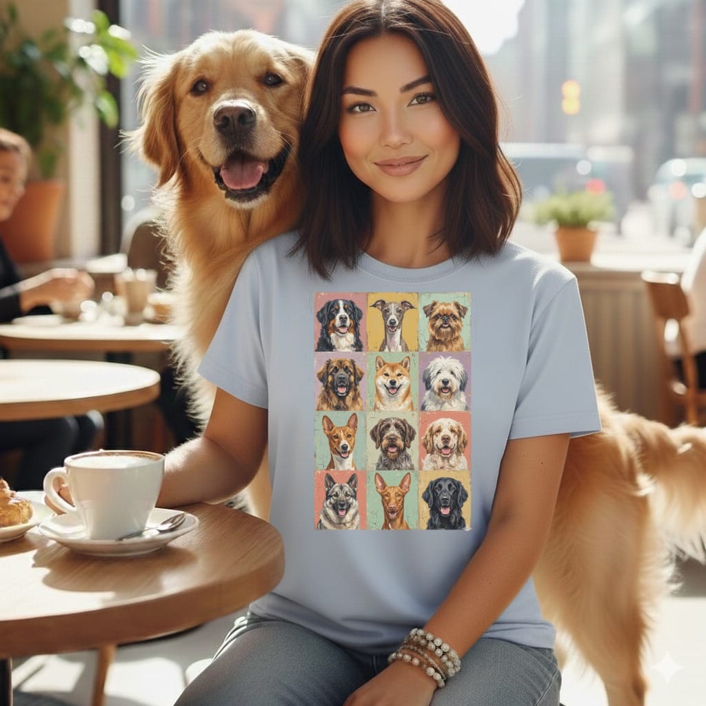 Woman with golden retriever wearing a light blue t-shirt featuring a grid of dog portraits.