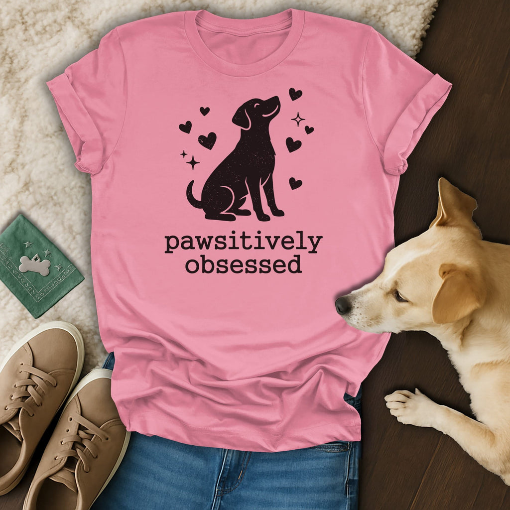 Pink t-shirt with black dog silhouette and "pawsitively obsessed" text.