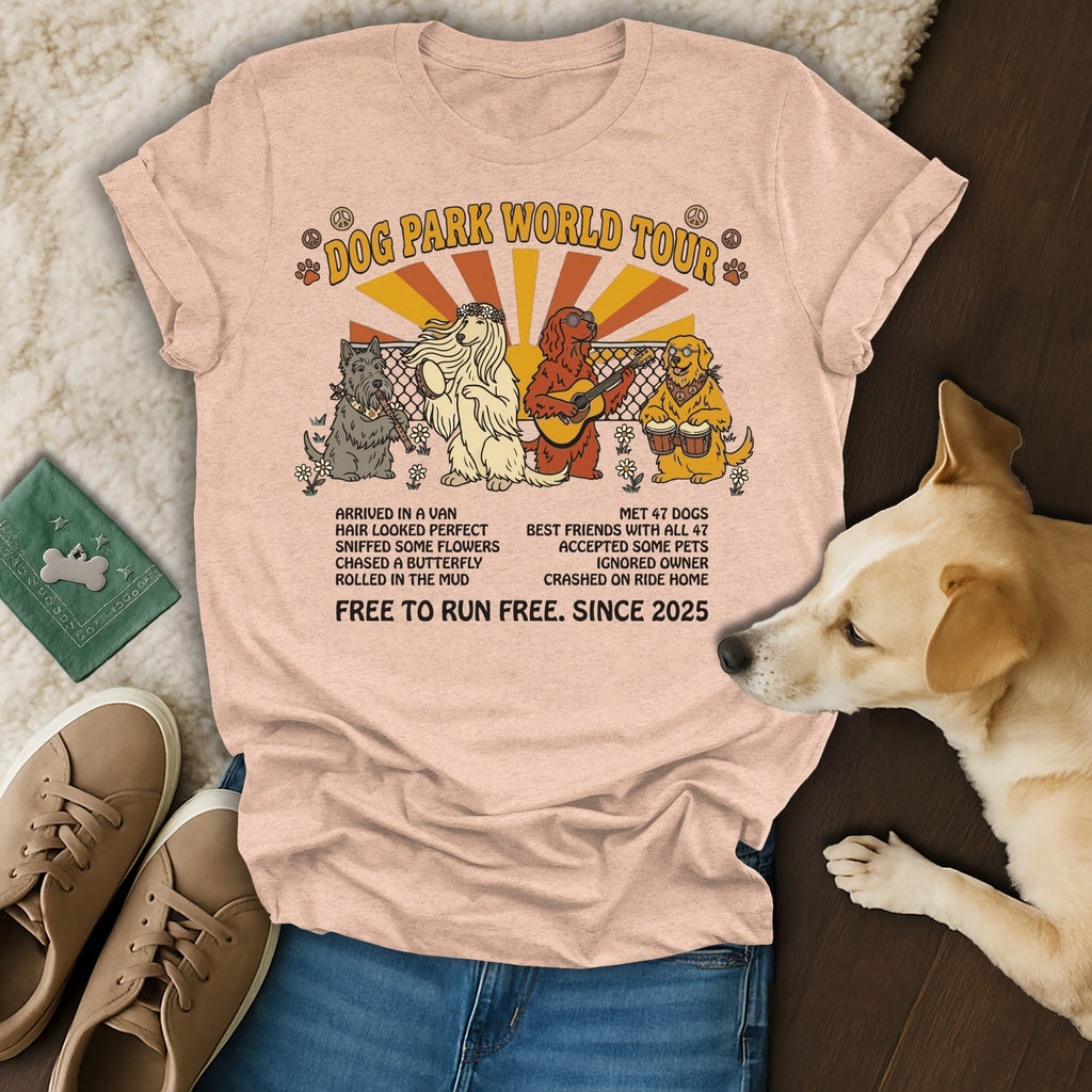 "Dog Park World Tour" t-shirt with dogs and van graphic, featuring text about dog adventures.