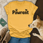 Yellow t-shirt with "Pawrent" text and paw print, dog, shoes, and jeans.