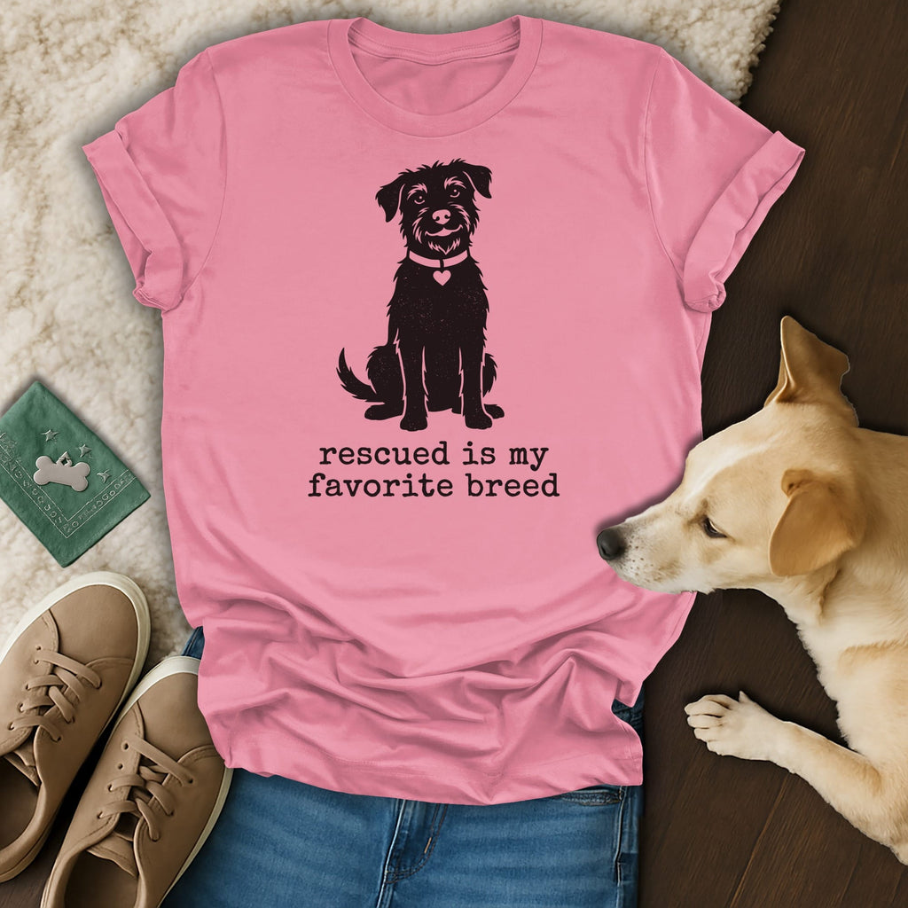 Pink t-shirt with a dog silhouette and "Rescued is my favorite breed" text.