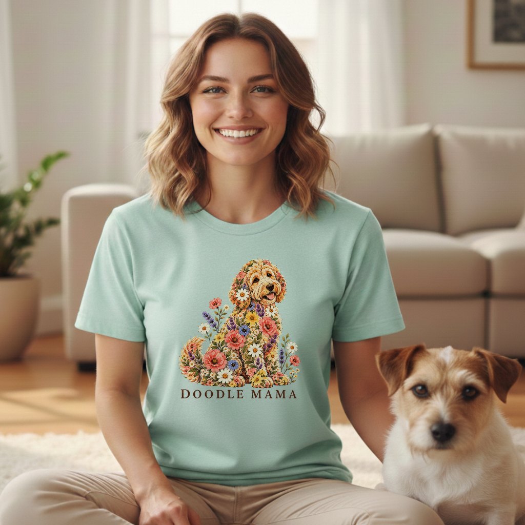 A smiling woman wearing a mint-green t-shirt with a floral doodle dog graphic and text reading DOODLE MAMA.