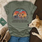 T-shirt with dogs and text "Rode with Cowboys. Rounded up outlaws. Currently stealing your spot on the couch."