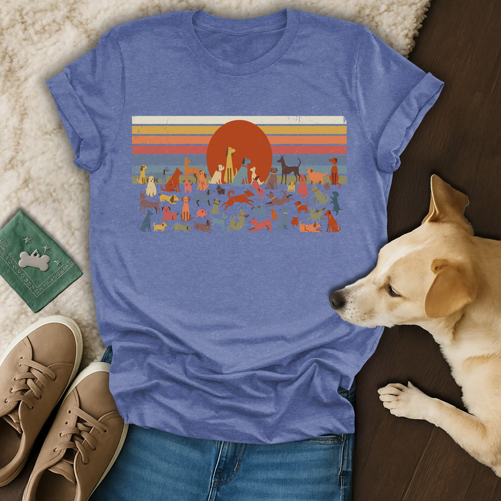 T-shirt with vintage sunset and diverse dog illustrations.