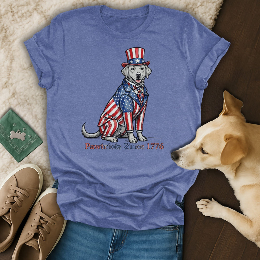 Labrador in patriotic suit with hat, "Pawtriots Since 1776" text.