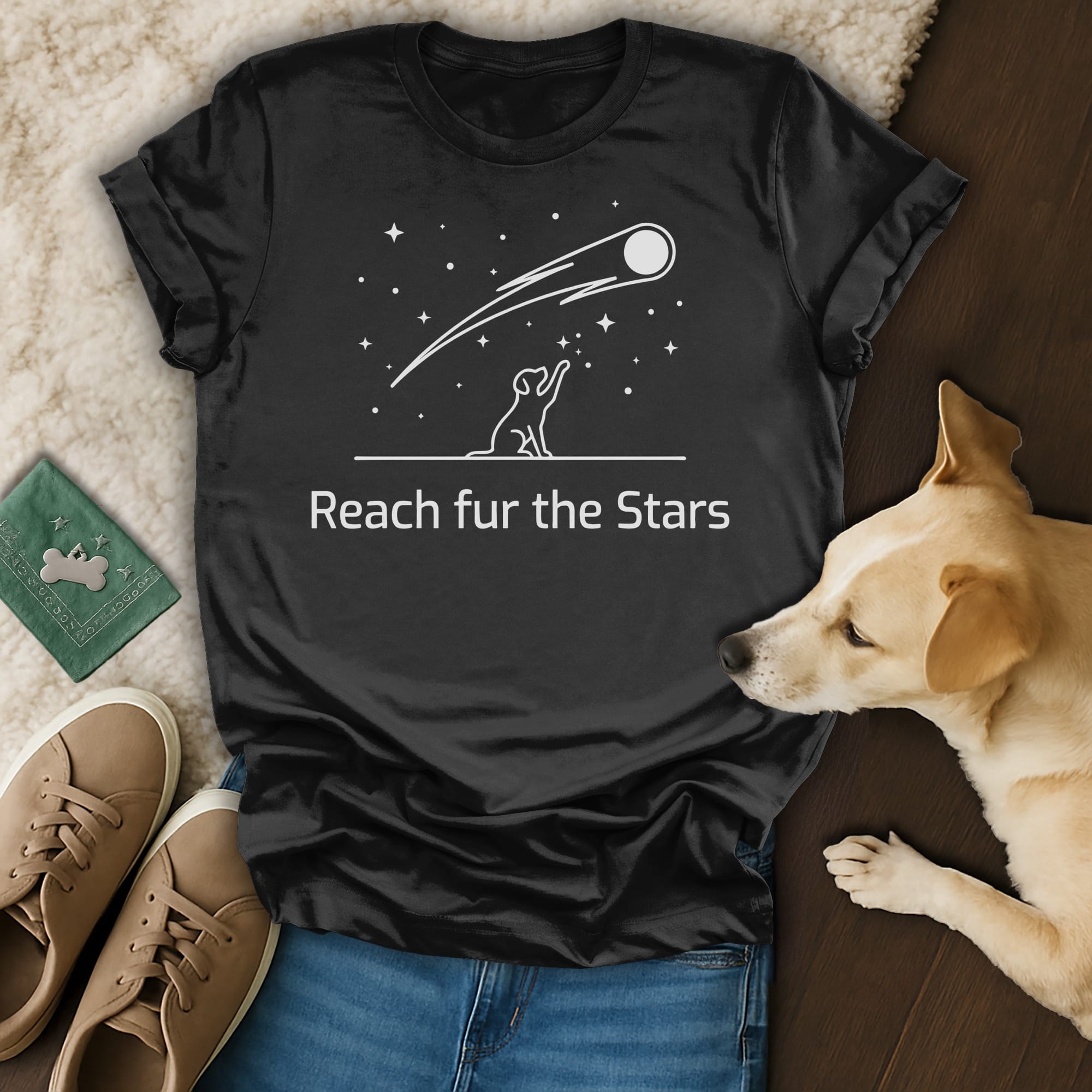 Black t-shirt with "Reach fur the Stars" and a dog reaching for a shooting star.