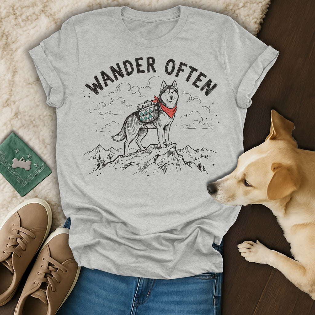 Grey t-shirt with husky wearing bandana, "Wander Often" text.