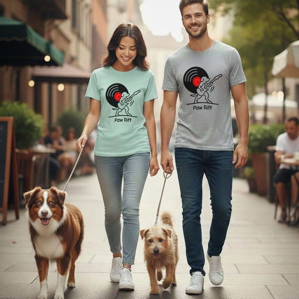Couple walking dogs, each wearing a t-shirt with a record and guitar player design.