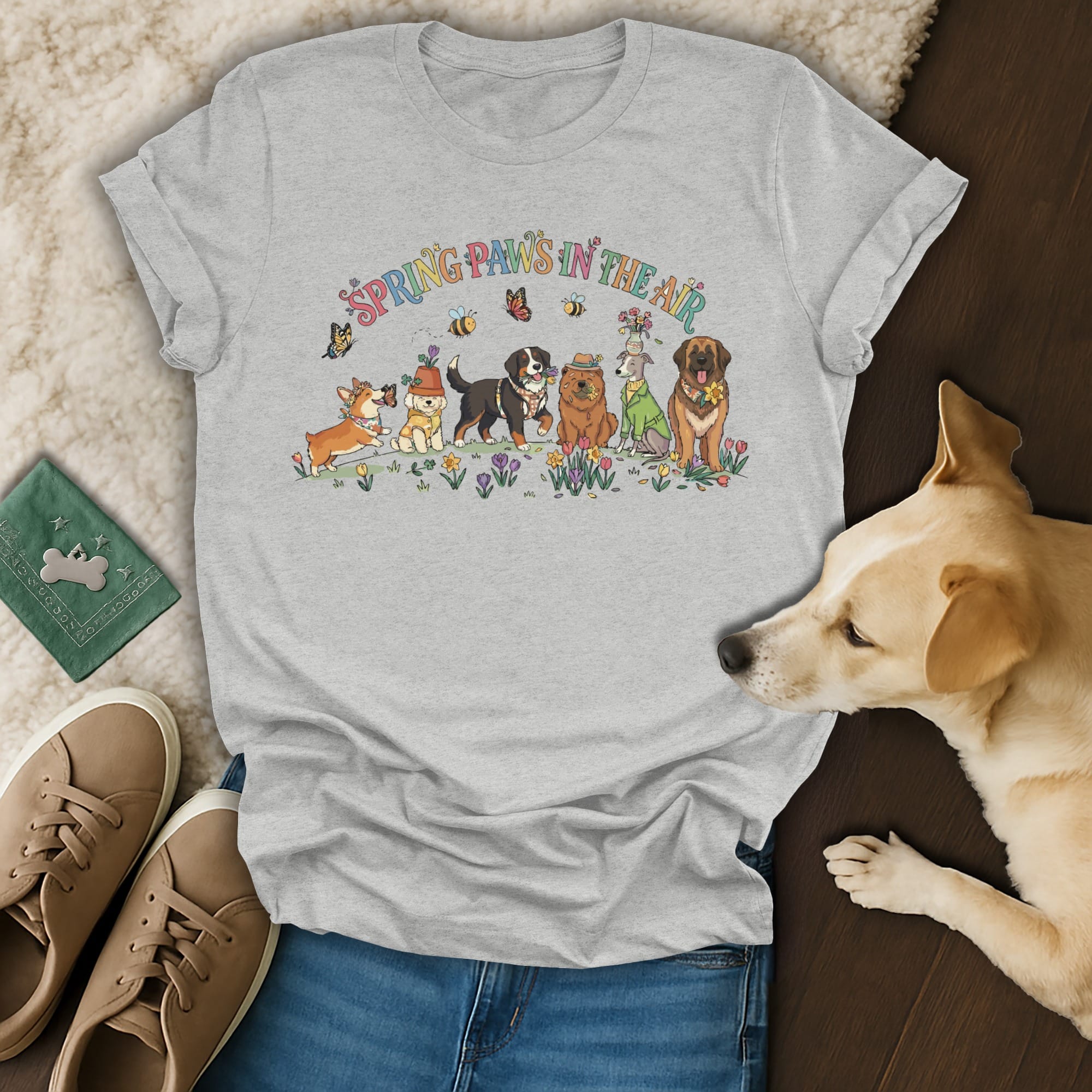 T-shirt with cartoon dogs and bees, "Spring Paws in the Air" text.