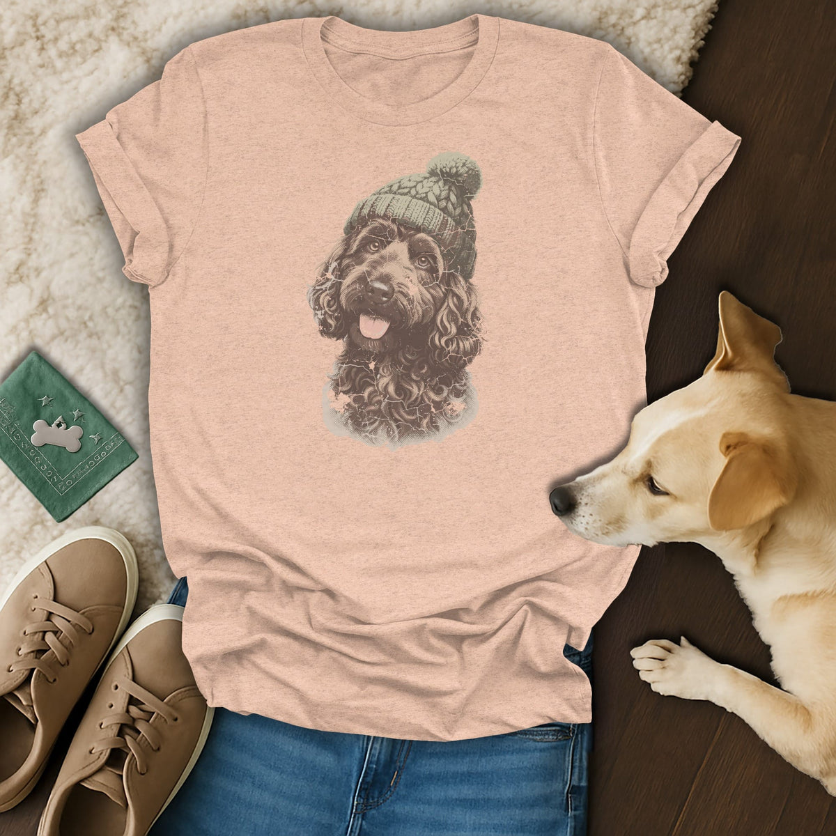 Peach t-shirt with a brown dog wearing a knitted hat graphic.