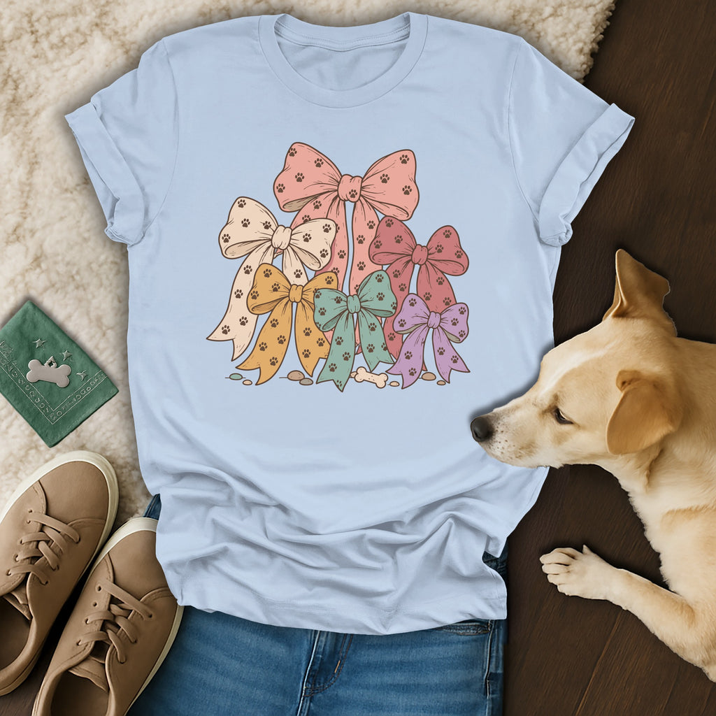 A light blue t-shirt printed with a stack of colorful bows patterned with small paw prints.