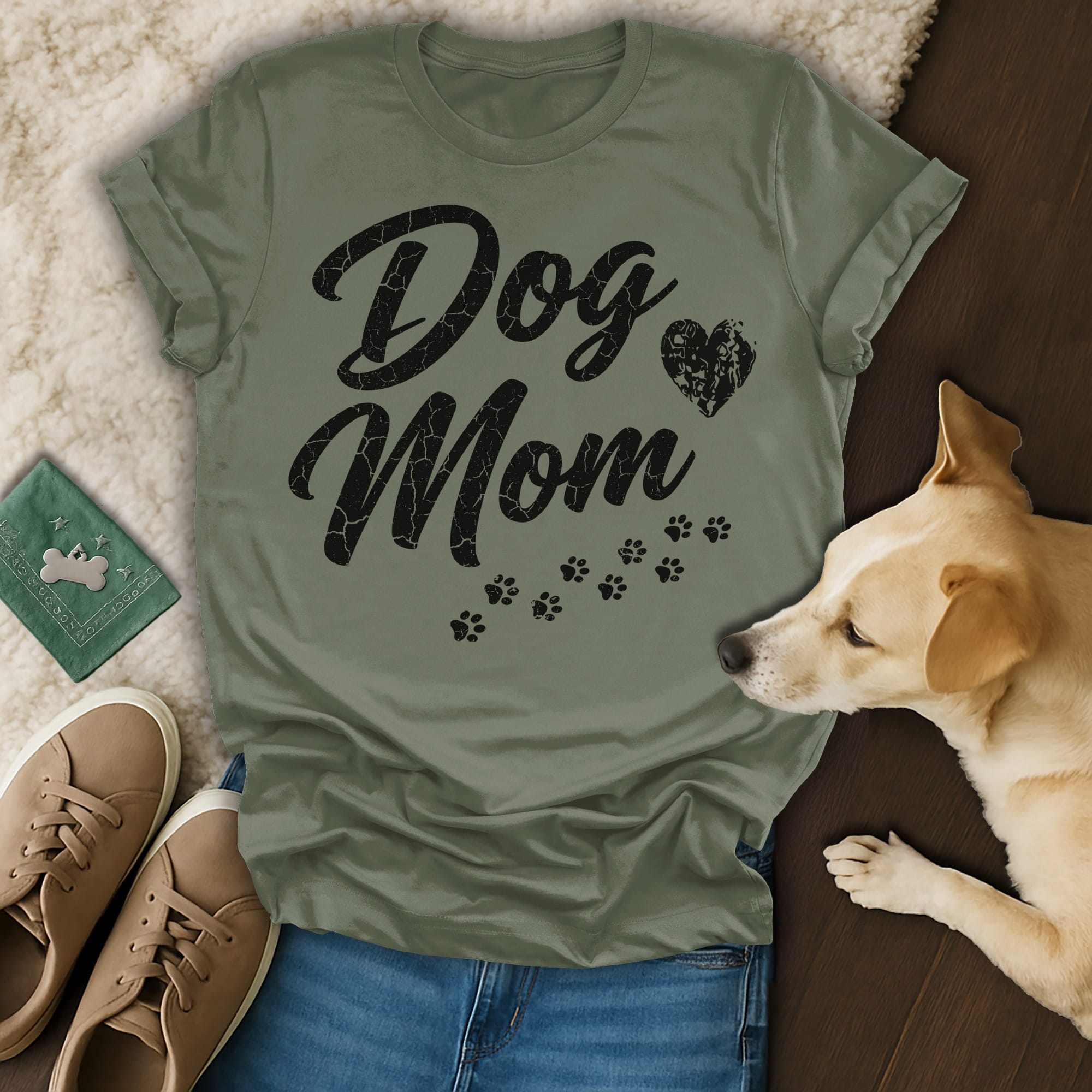 Green t-shirt with "Dog Mom" text and paw print design.