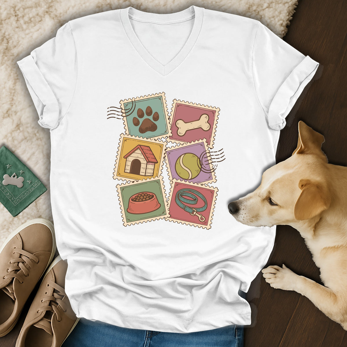 A white V-neck t-shirt featuring a colorful graphic of six vintage postage stamps with dog-related illustrations.