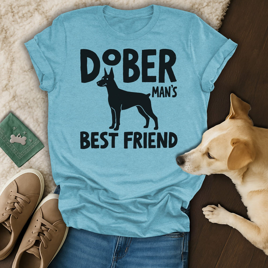 Light blue t-shirt with "Doberman Man's Best Friend" and a Doberman silhouette.