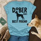 Light blue t-shirt with "Doberman Man's Best Friend" and a Doberman silhouette.