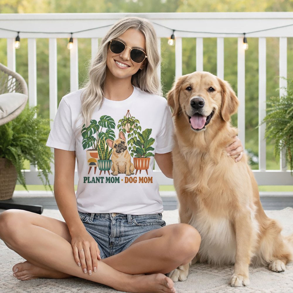 A blonde woman in a white graphic t-shirt sits outdoors next to a golden retriever.