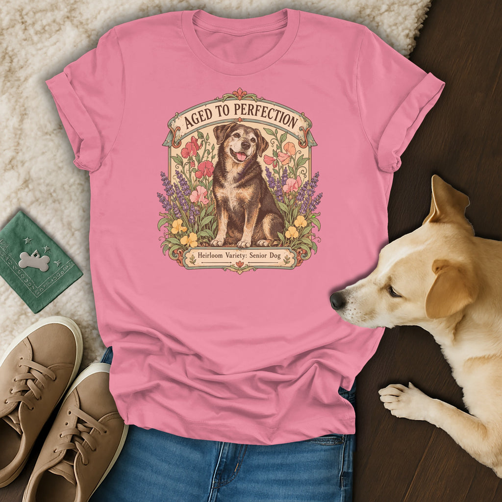 Pink crewneck t-shirt featuring an illustrated senior dog graphic with the text Aged to Perfection.