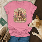 Pink crewneck t-shirt featuring an illustrated senior dog graphic with the text Aged to Perfection.