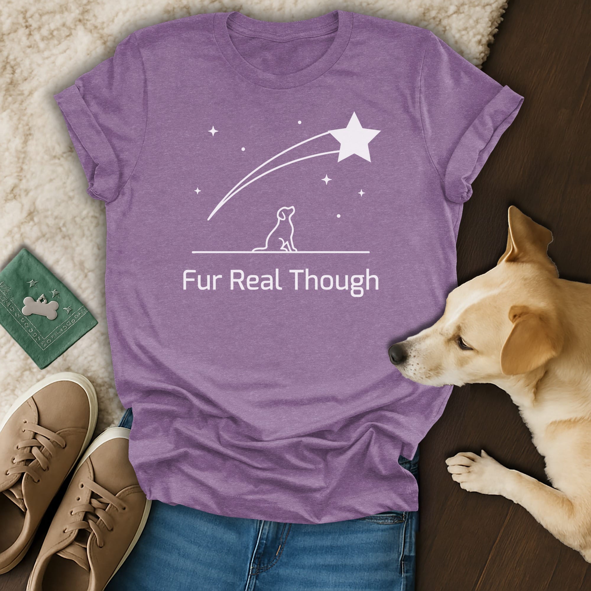 Purple t-shirt with a shooting star and dog outline, text "Fur Real Though".