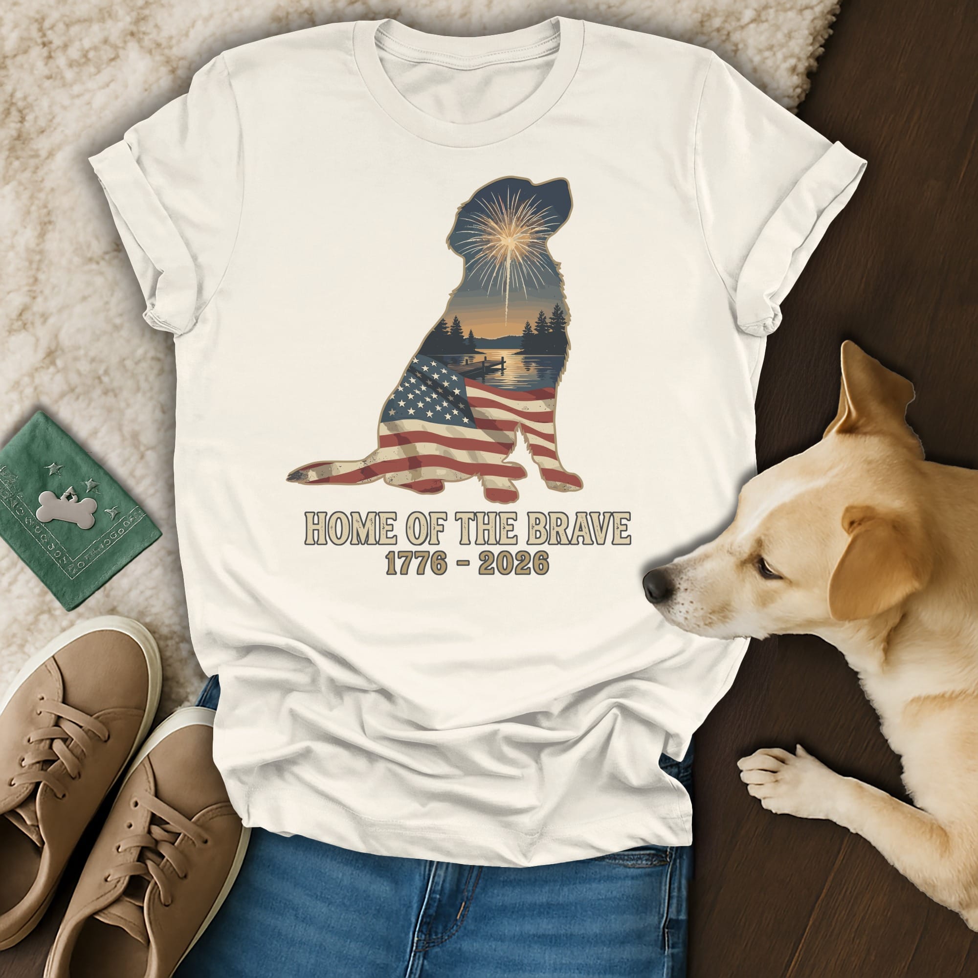 White t-shirt with patriotic dog silhouette and text "Home of the Brave 1776 - 2026".